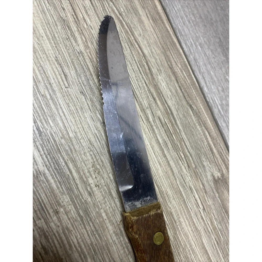 Delco Steak Knife Vintage‎ Serrated Stainless Steel Wood Handle 8.25 Inch Brass
